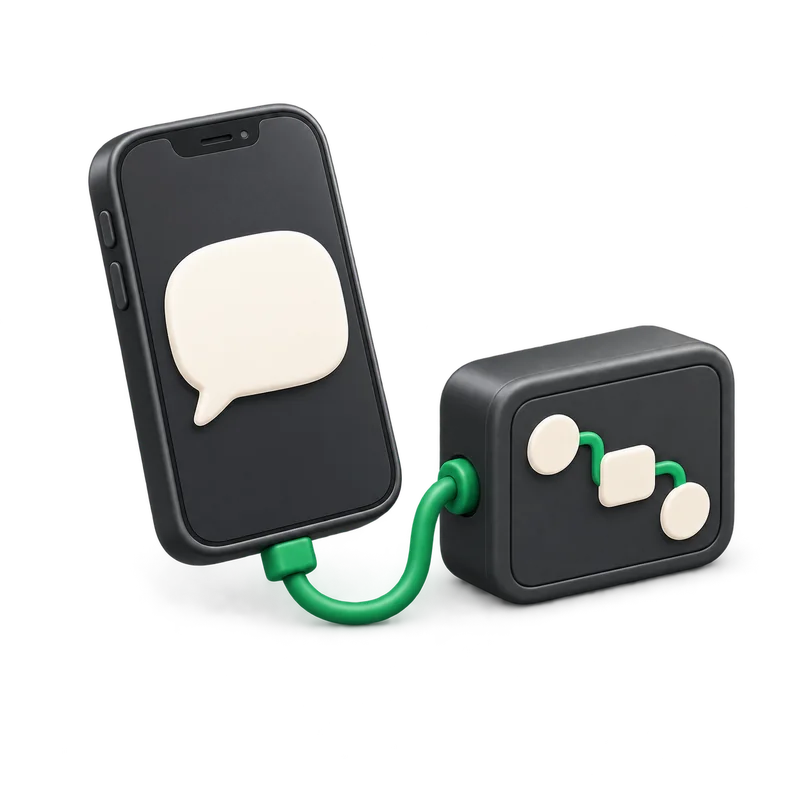 A messaging phone connected to a workflow through an emerald cable.